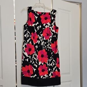 Sleeveless Floral Shift Dress - Black with Red & Pink Flowers